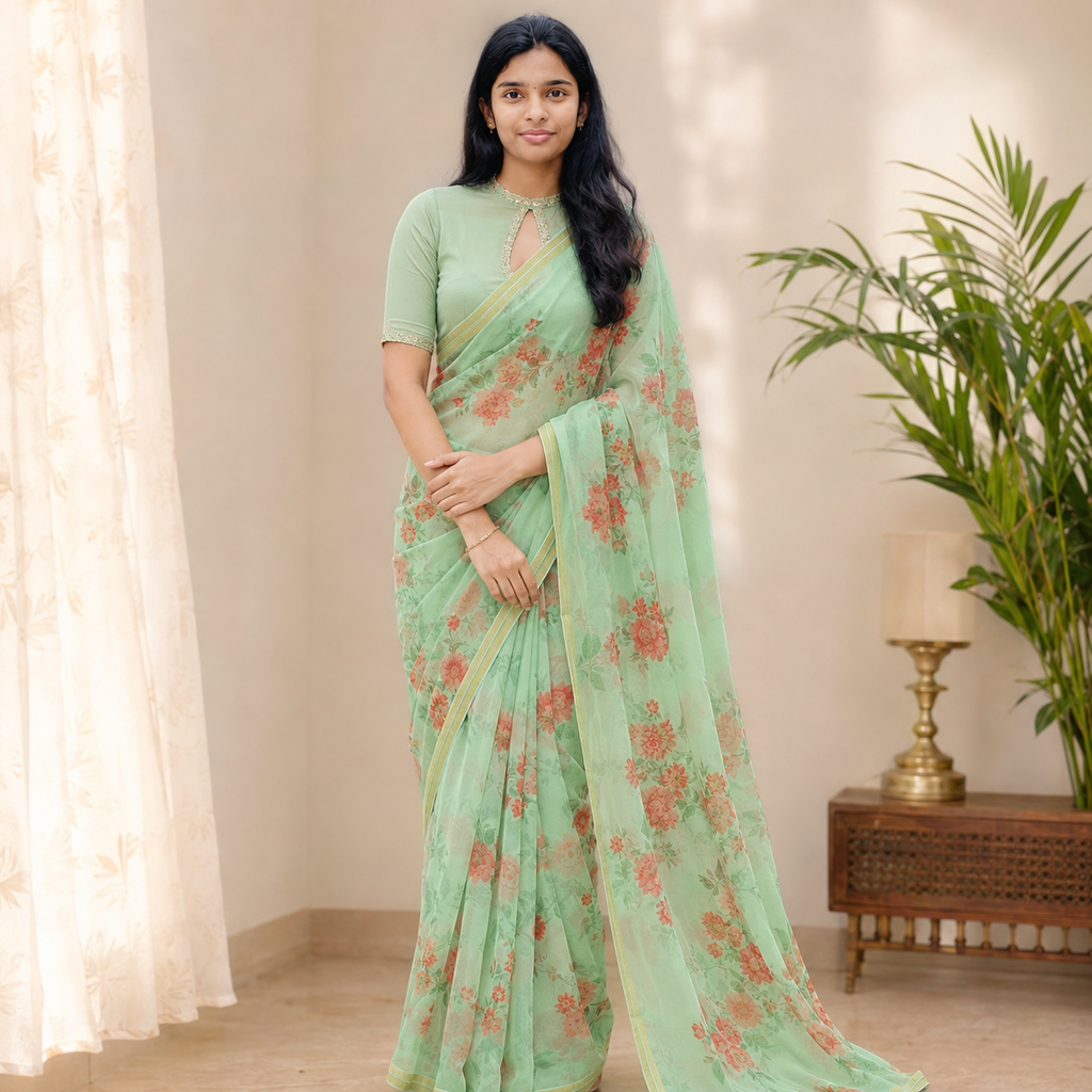 Pure chiffon floral print saree