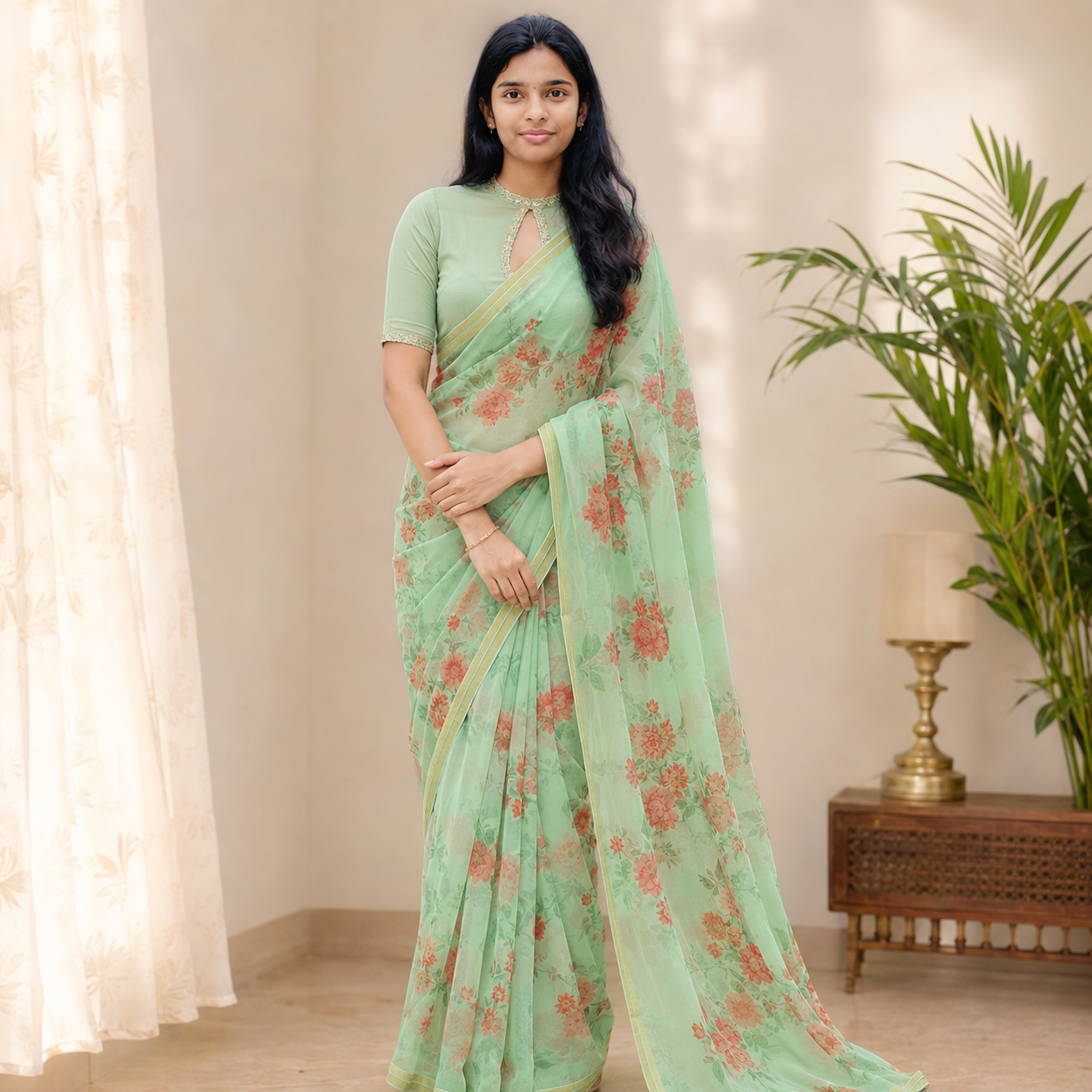 Pure chiffon floral print saree