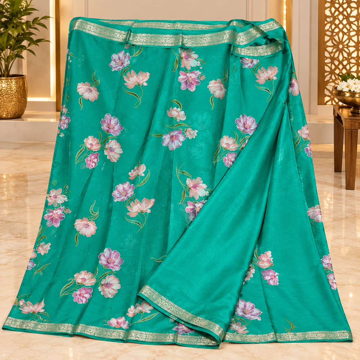 Chinon silk saree MSF006 - Sea Green