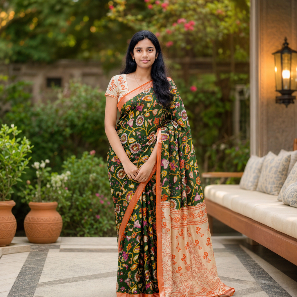 Mangalagiri Pattu Nizam Border Kalamkari Printing Saree