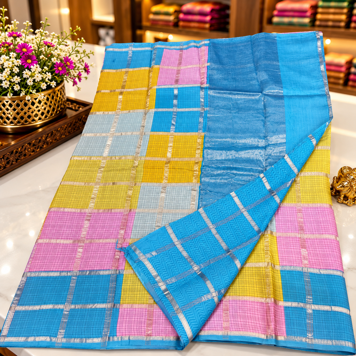 Viscose georgette saree MSF013 - Mustered checked