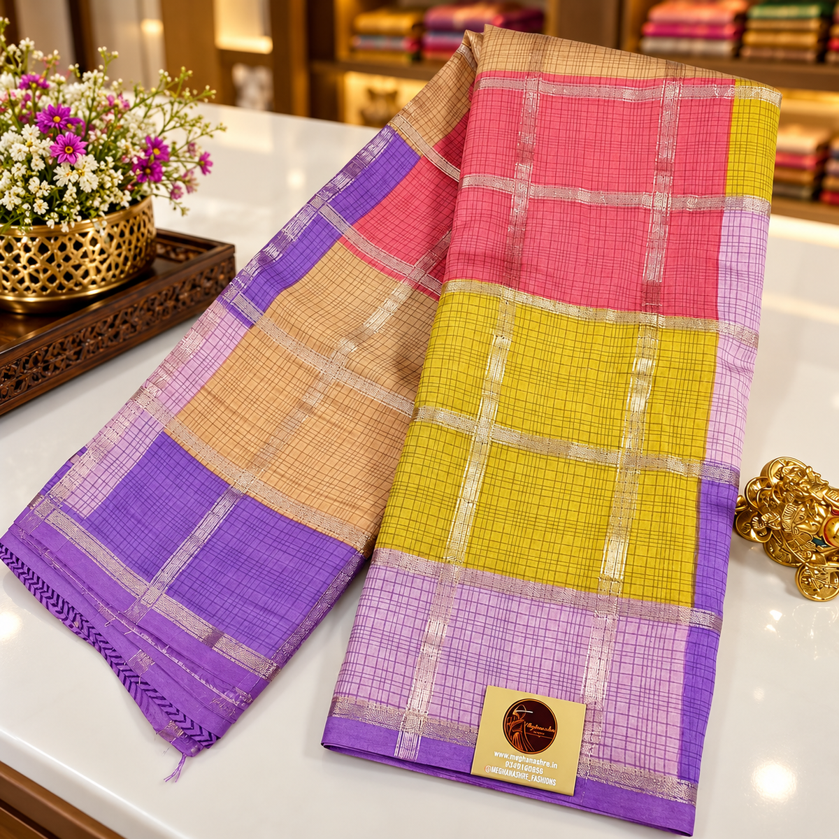 Viscose georgette saree MSF013 - Lavender checked