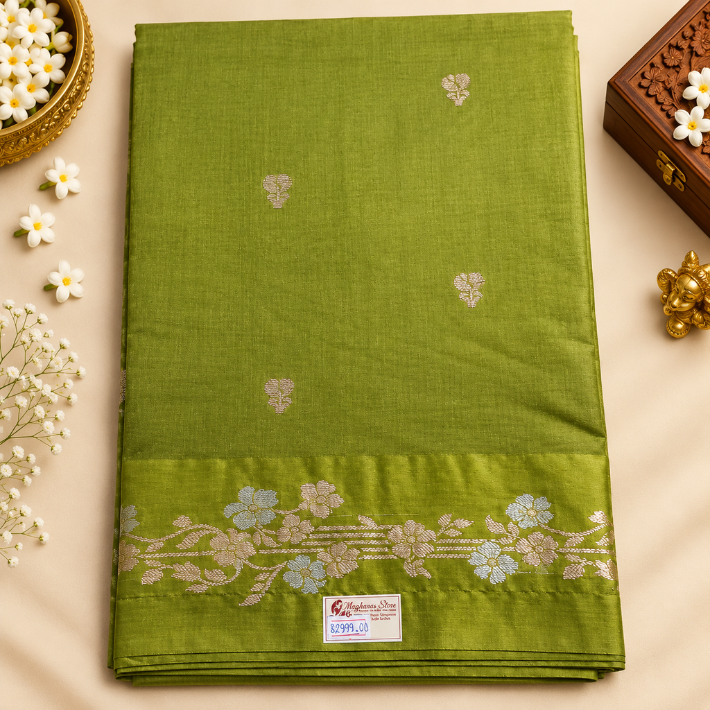 Raw Mango silk saree - Mehandi Green