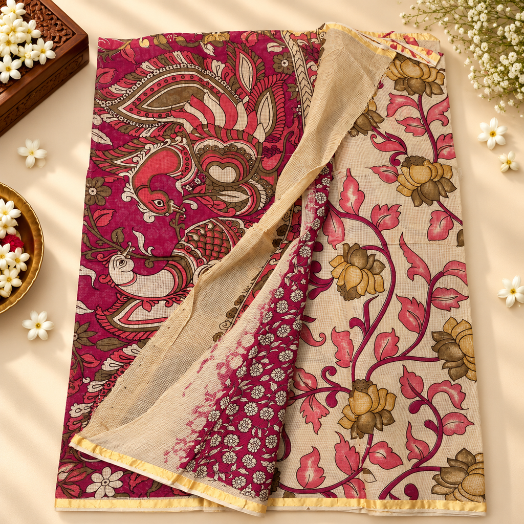 Cotton kota saree MSF014 - cream with pink