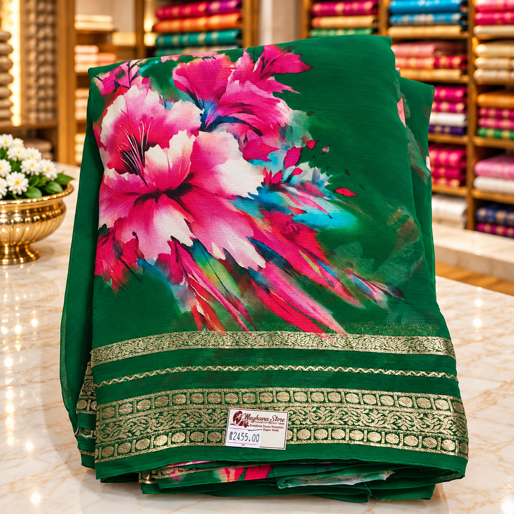 Chiffon saree - Bottle green