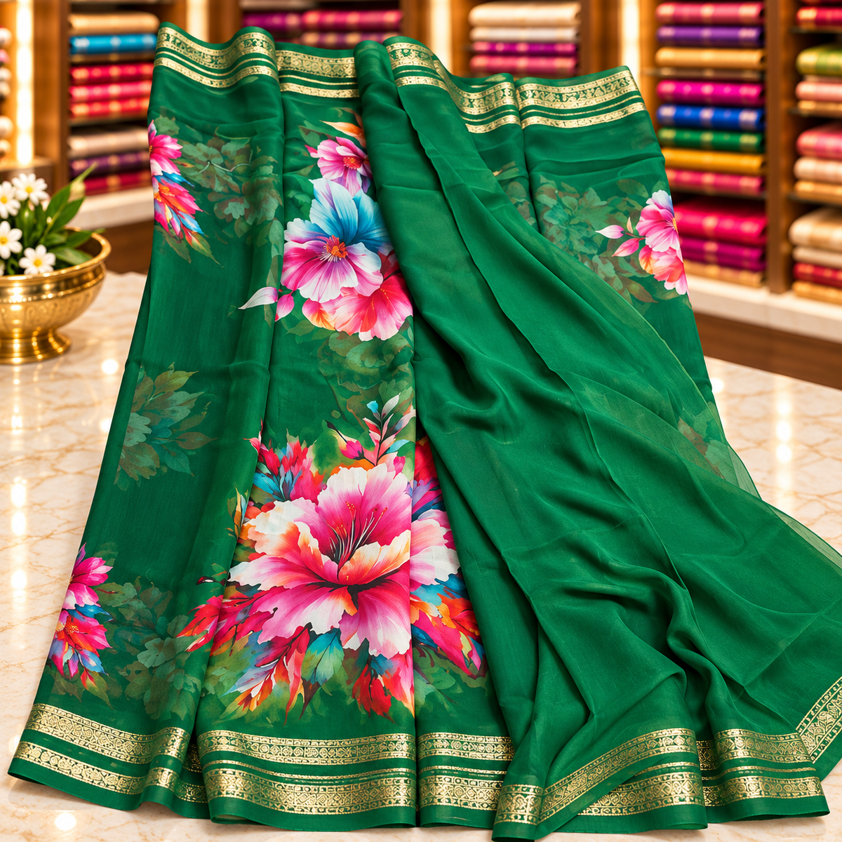 Chiffon saree - Bottle green