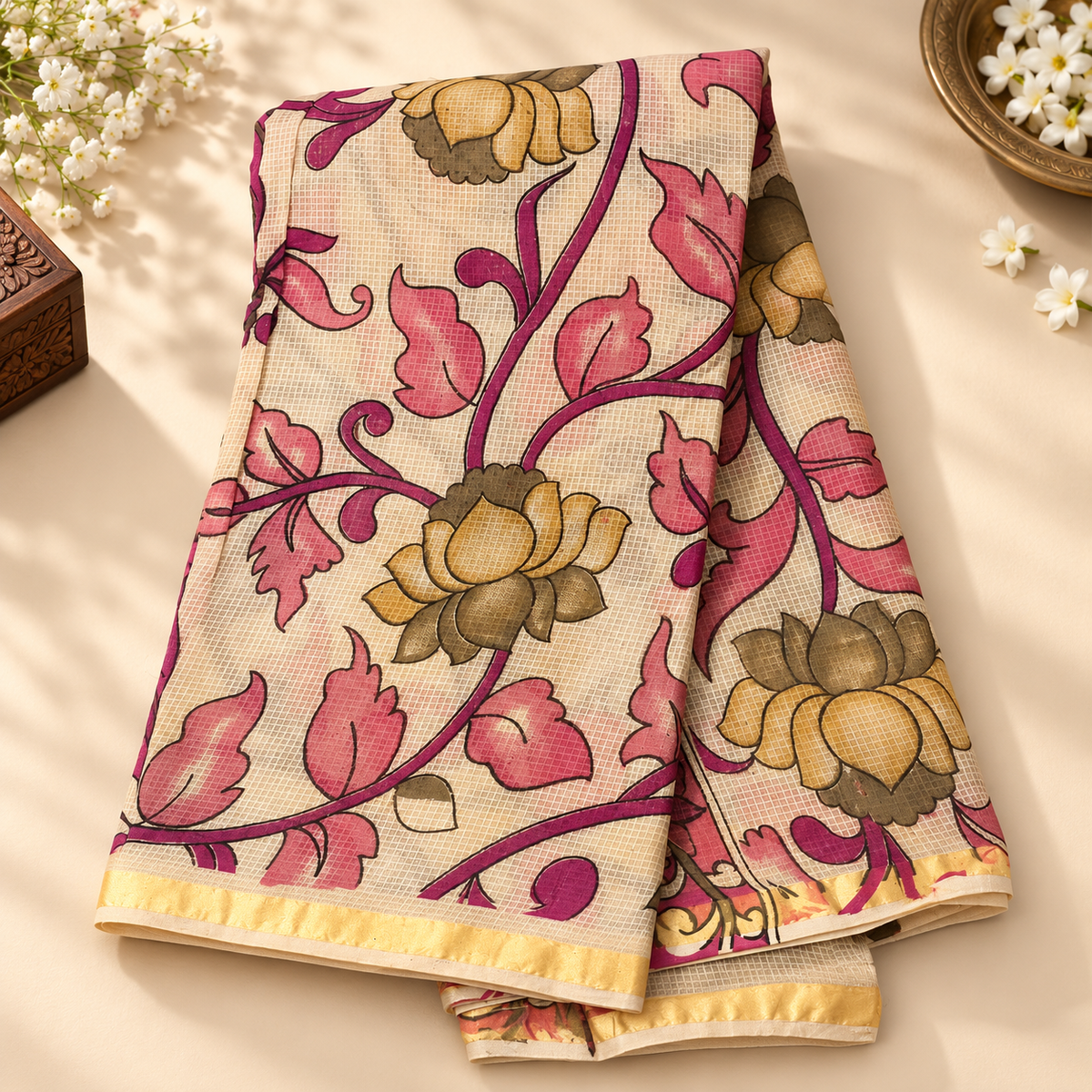 Cotton kota saree MSF014 - cream,pink, yellow