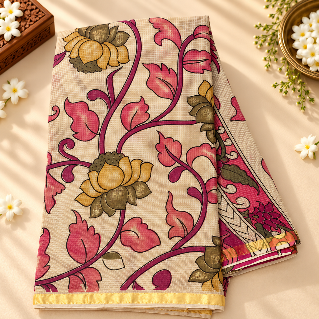 Cotton kota saree MSF014 - cream with pink