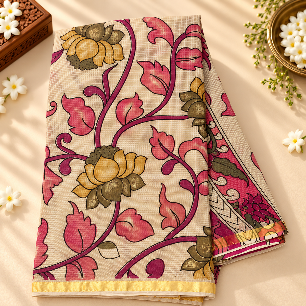 Cotton kota saree MSF014 - cream with pink
