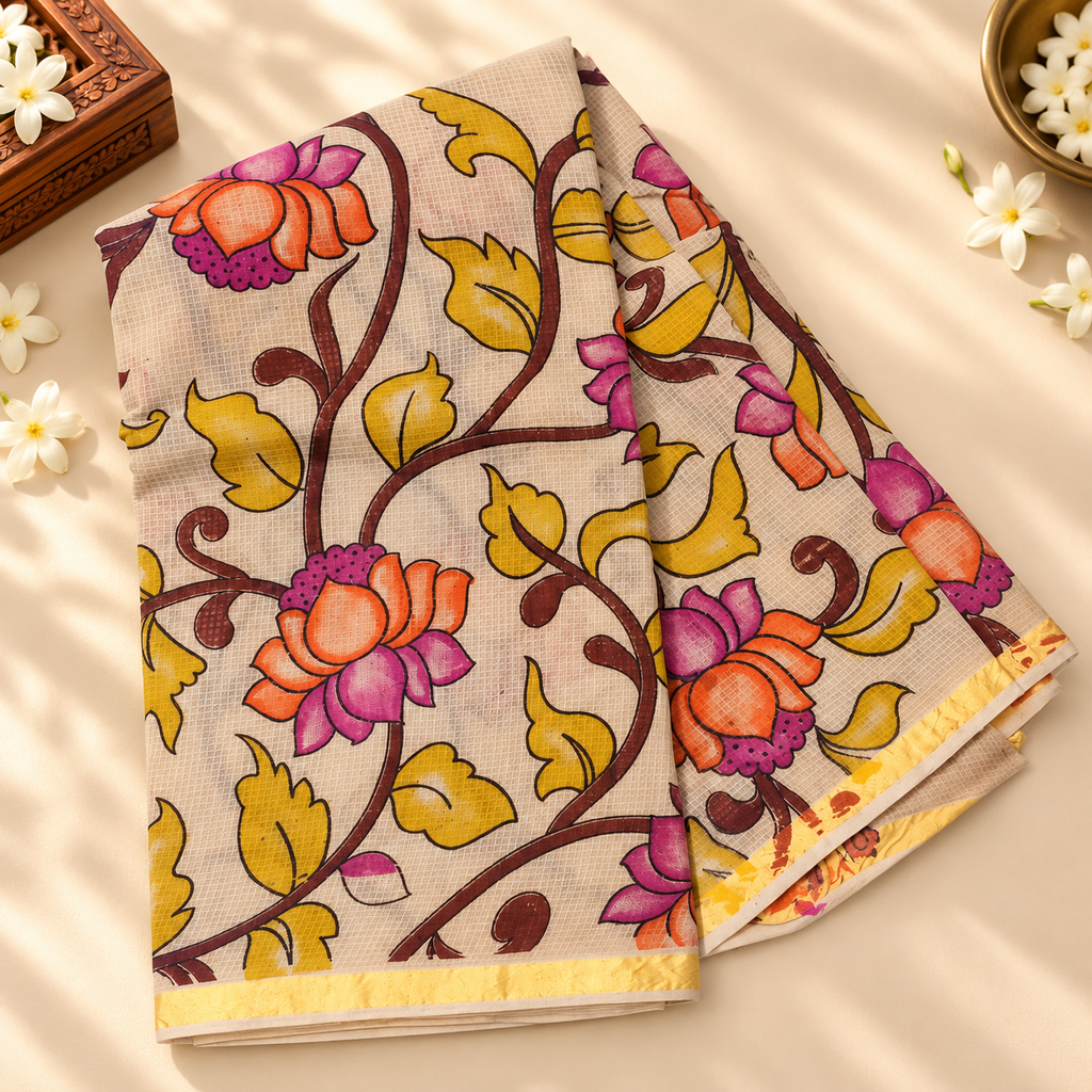 Cotton kota saree MSF014 - Cream with mustered yellow