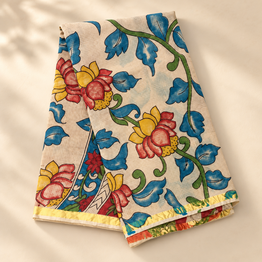 Cotton kota saree MSF014- Cream with blue