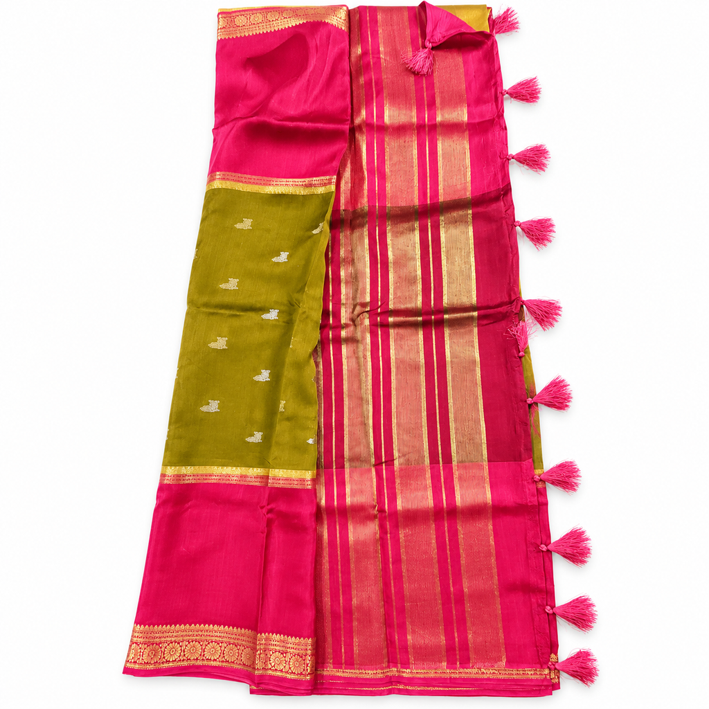 Mysore crape silk saree MSF012 - Mehandi green & pink