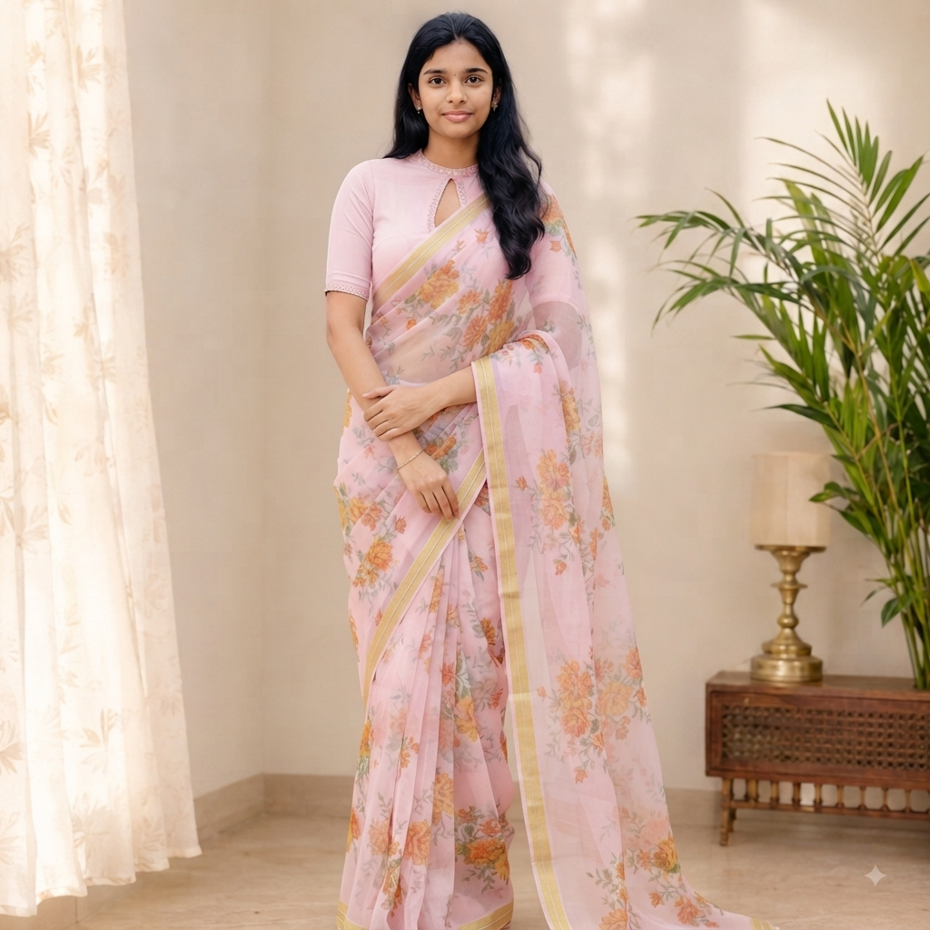 Pure chiffon floral print saree
