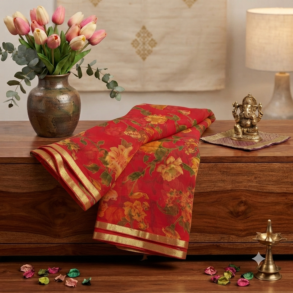 Pure chiffon floral print saree