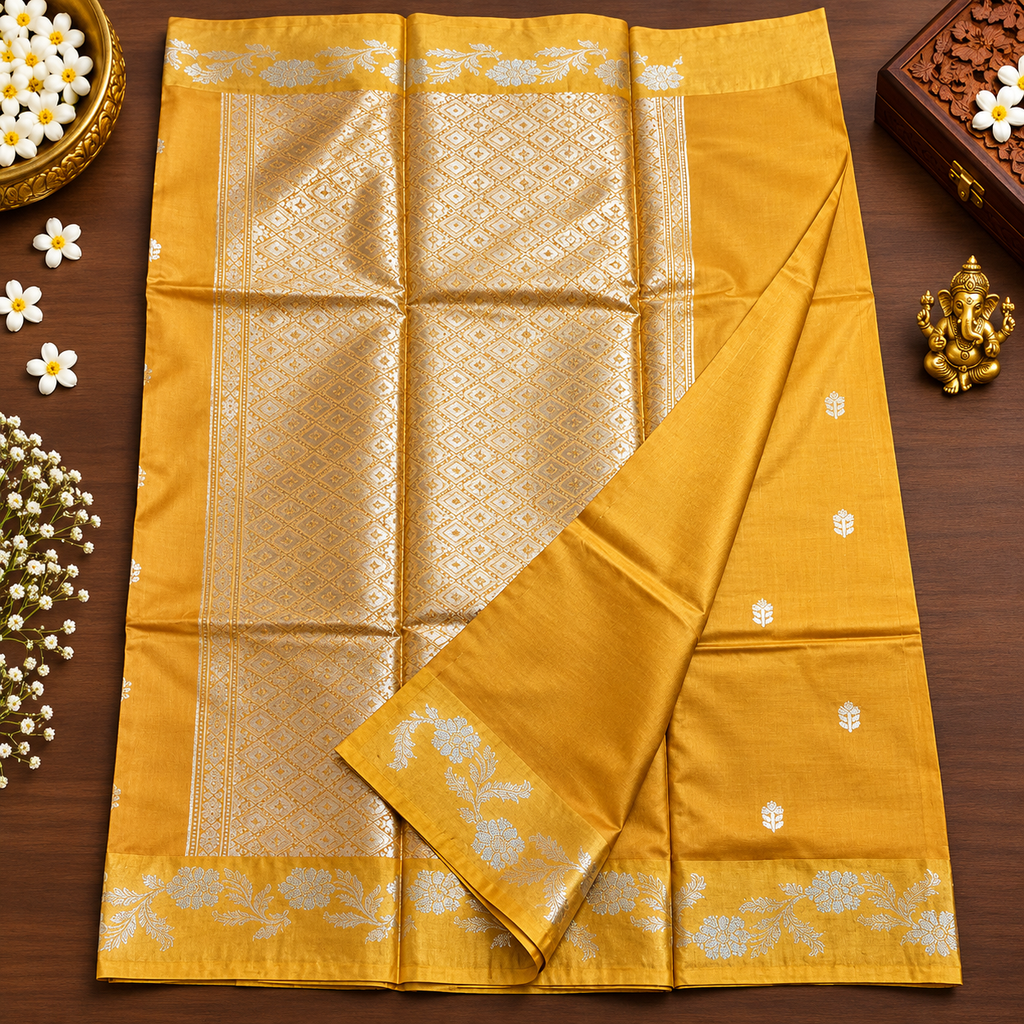 Raw mango silk saree - Mustered yellow