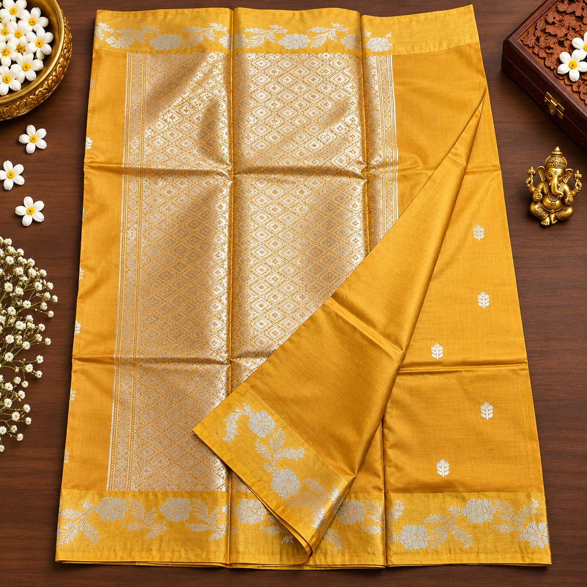 Raw mango silk saree - Mustered yellow
