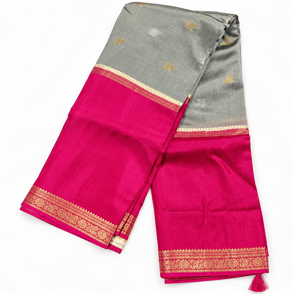 Mysore Crape silk saree MSF012 - Gray & Pink