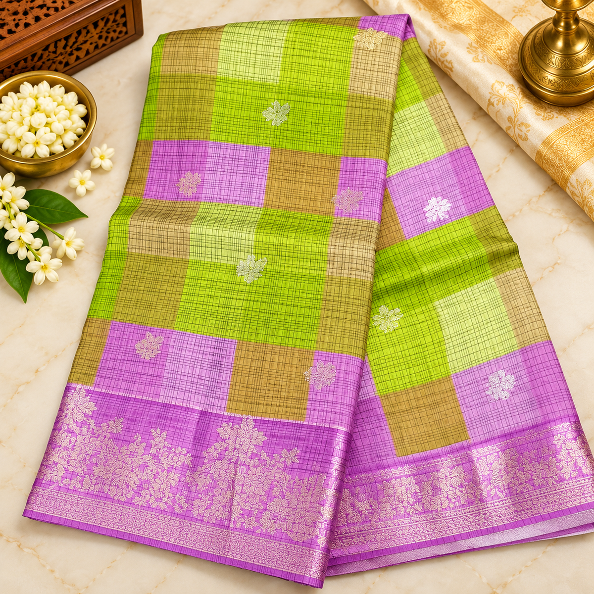 Crape silk madras checks saree - Mehandi green