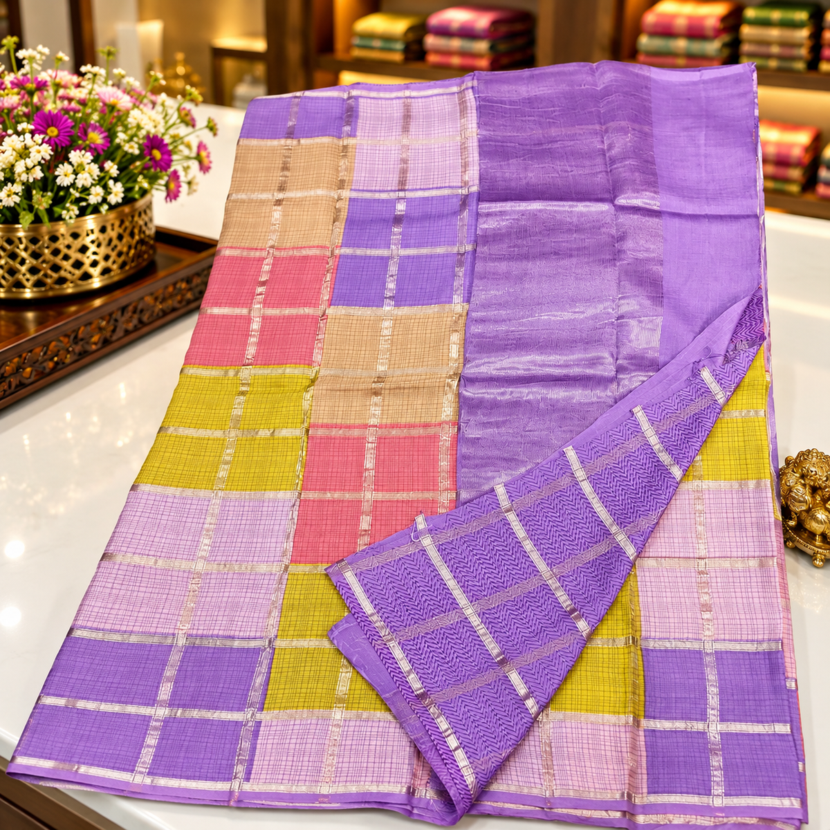 Viscose georgette saree MSF013 - Lavender checked