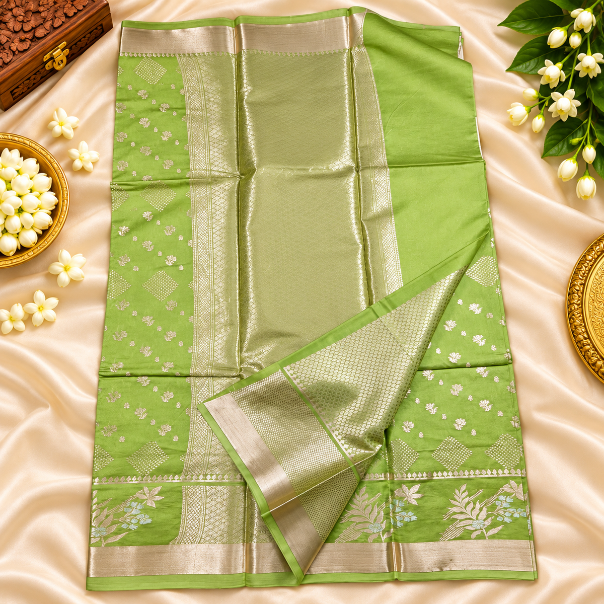 Raw mango silk saree - Pista green
