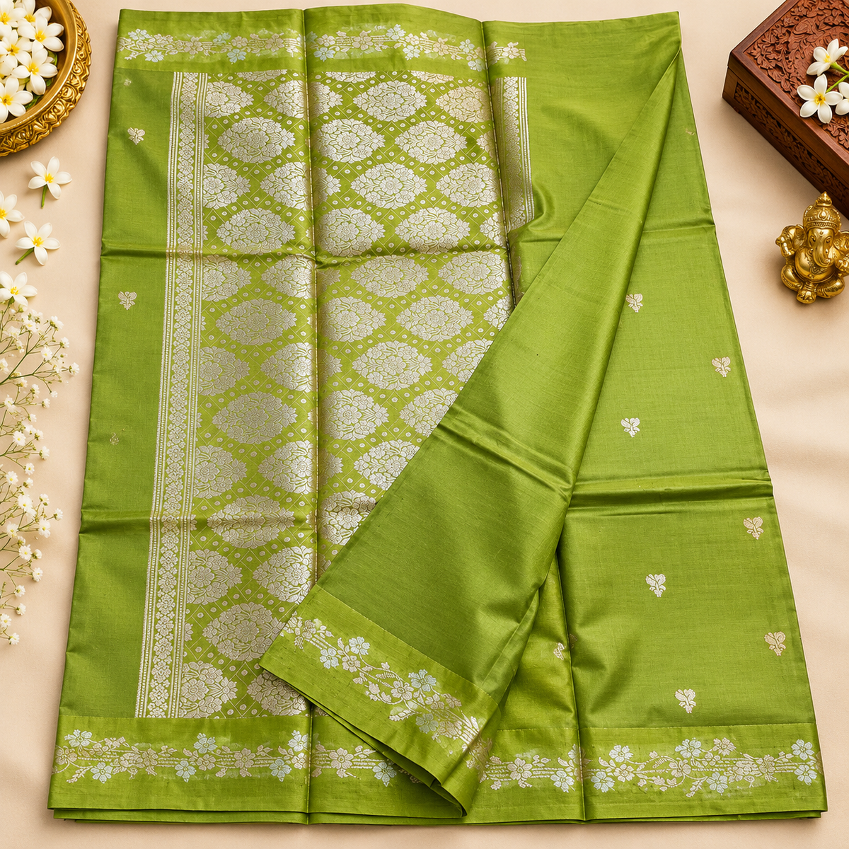Raw Mango silk saree - Mehandi Green
