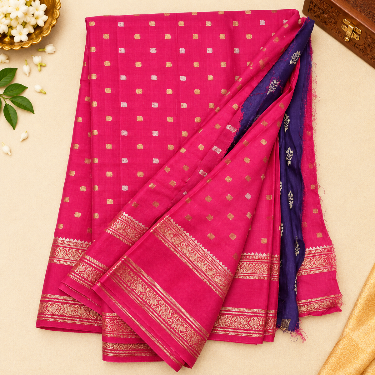 Jute Khadi Banarasi saree MSF007 - Rani pink color