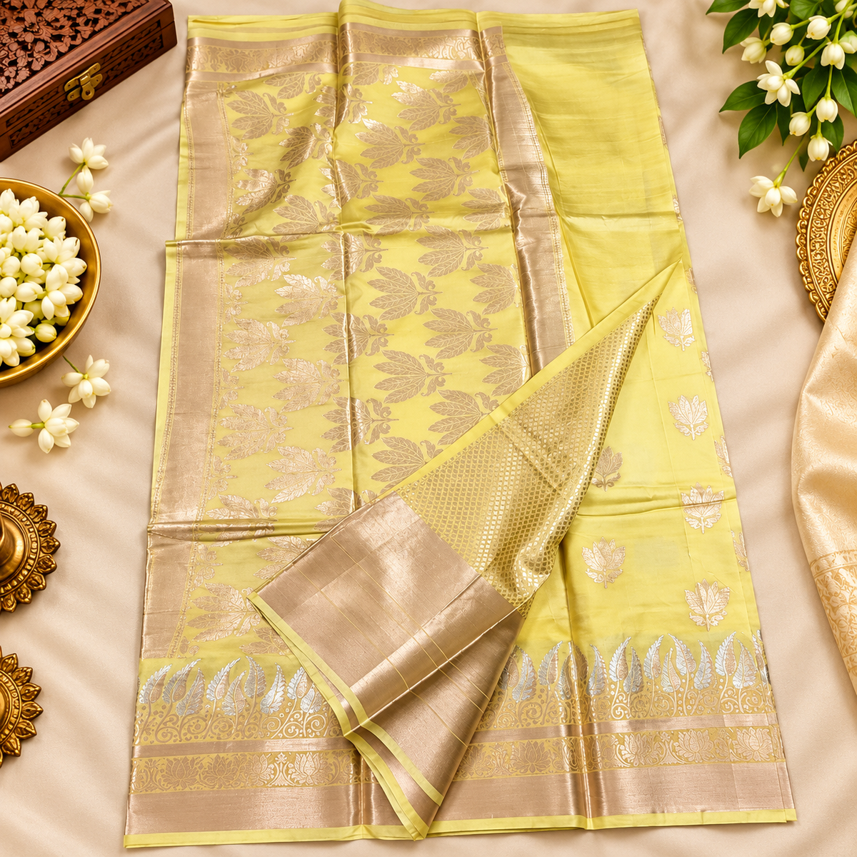 Raw mange silk saree - Lemon Yellow