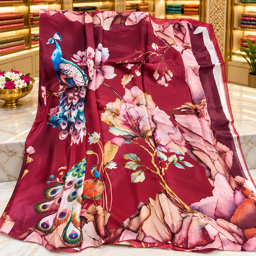 Pure Chinnon silk saree designer wear - wine color