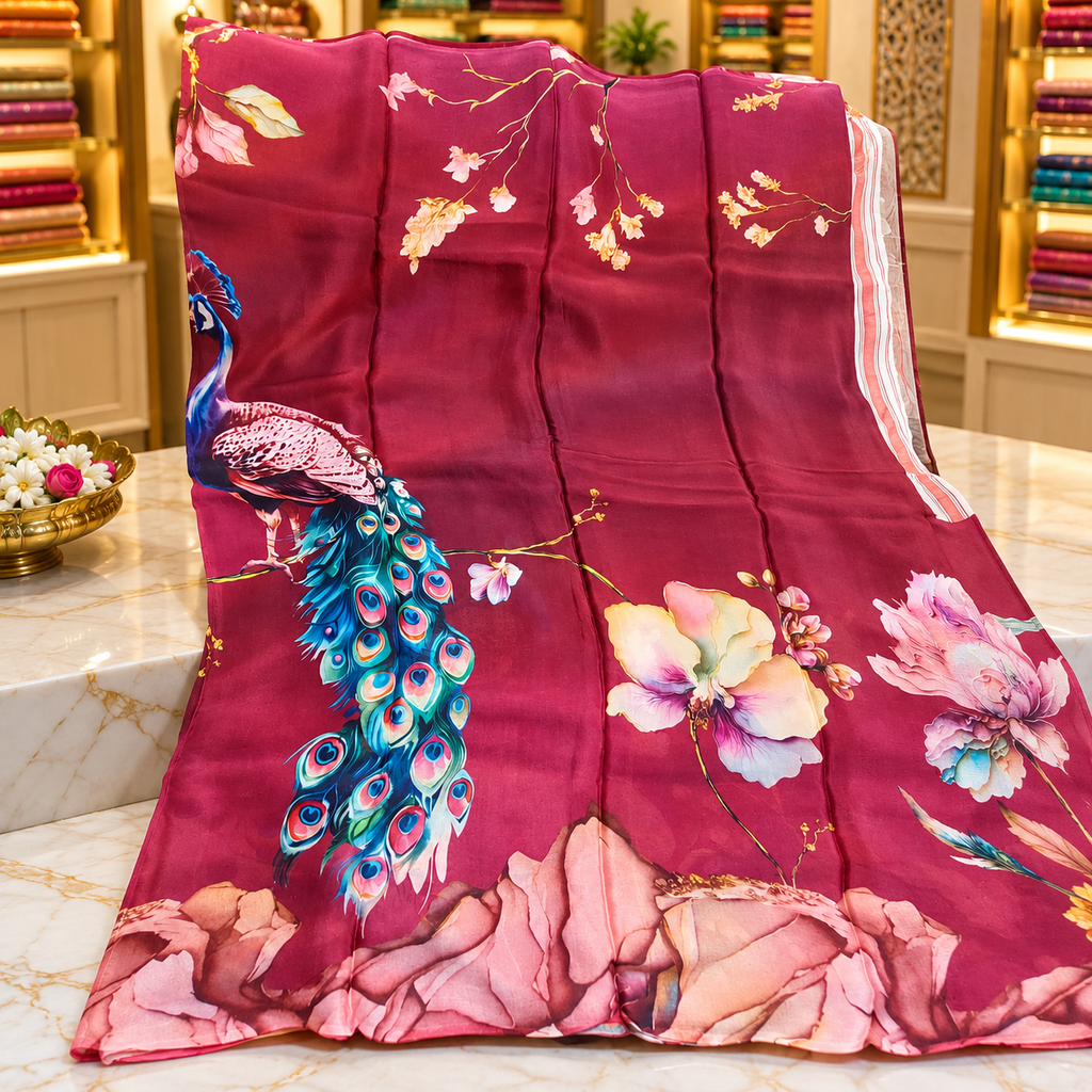 Pure Chinnon silk saree designer wear - wine color