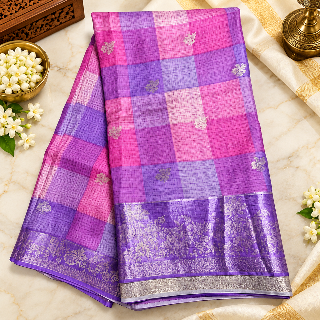 Crape silk madras checks saree - Lavender color