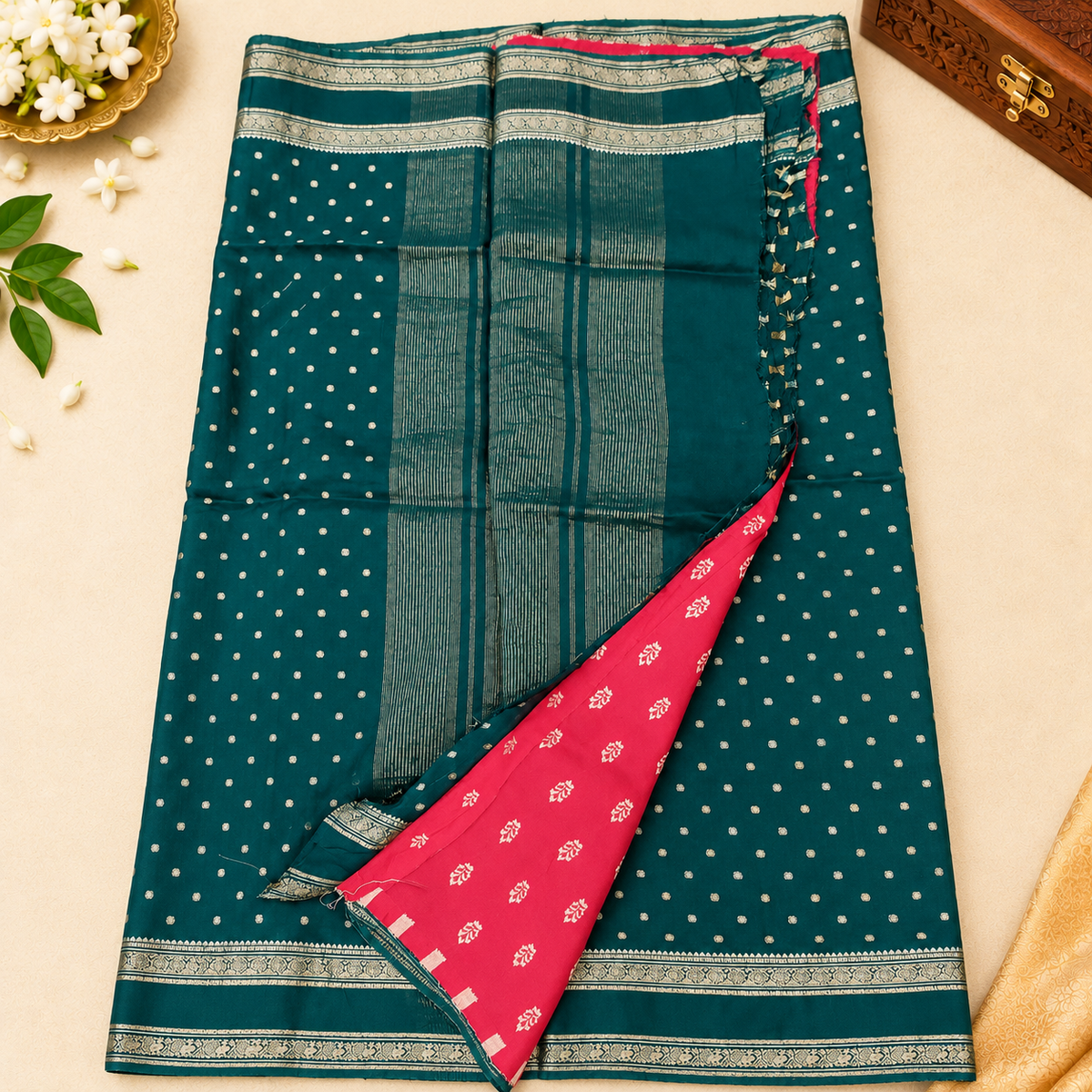 Jute Khadi Banarasi saree MSF007 - Bottle green