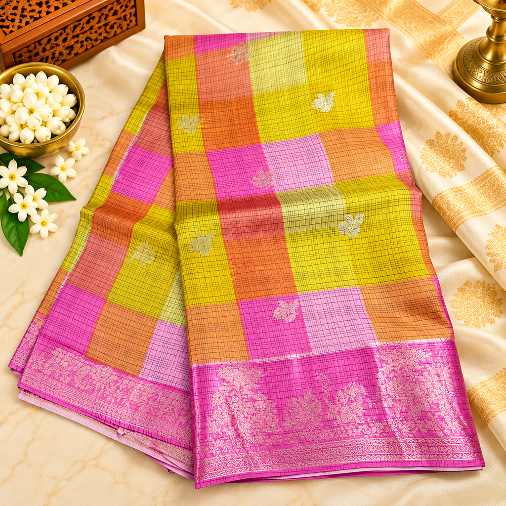 Crape silk madras checks saree - yellow