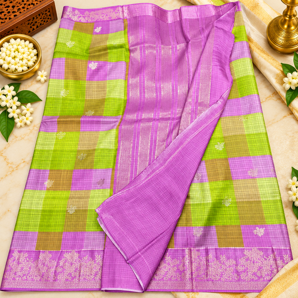 Crape silk madras checks saree - Mehandi green