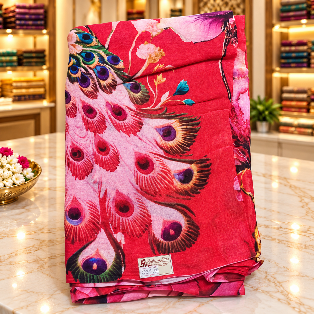Pure Chinnon silk saree designer wear - Red