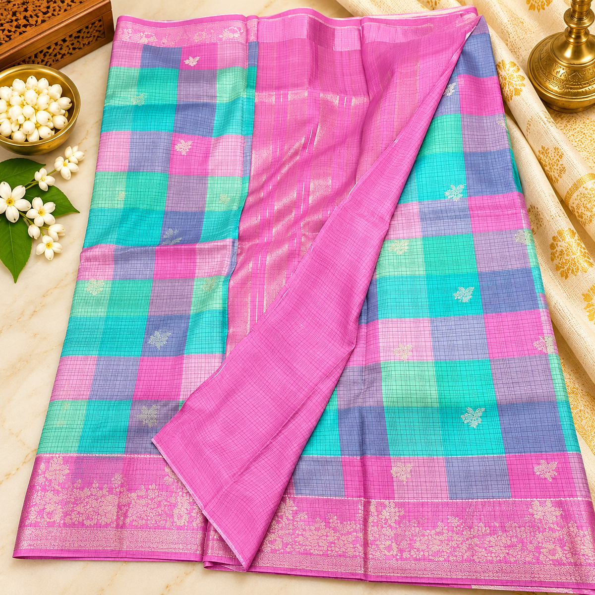 Crape silk madras checks saree - sea green