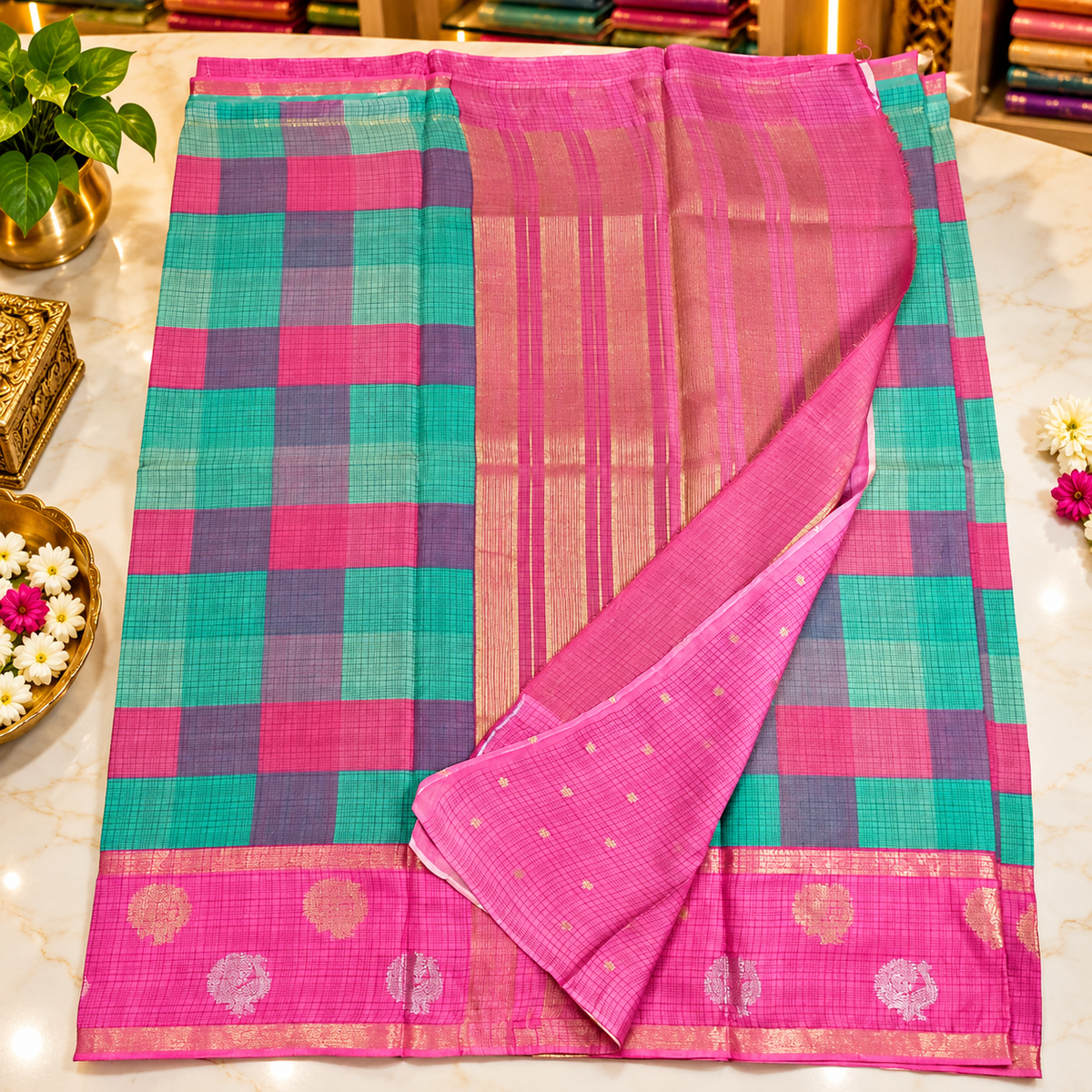 Crape silk saree with madras checks