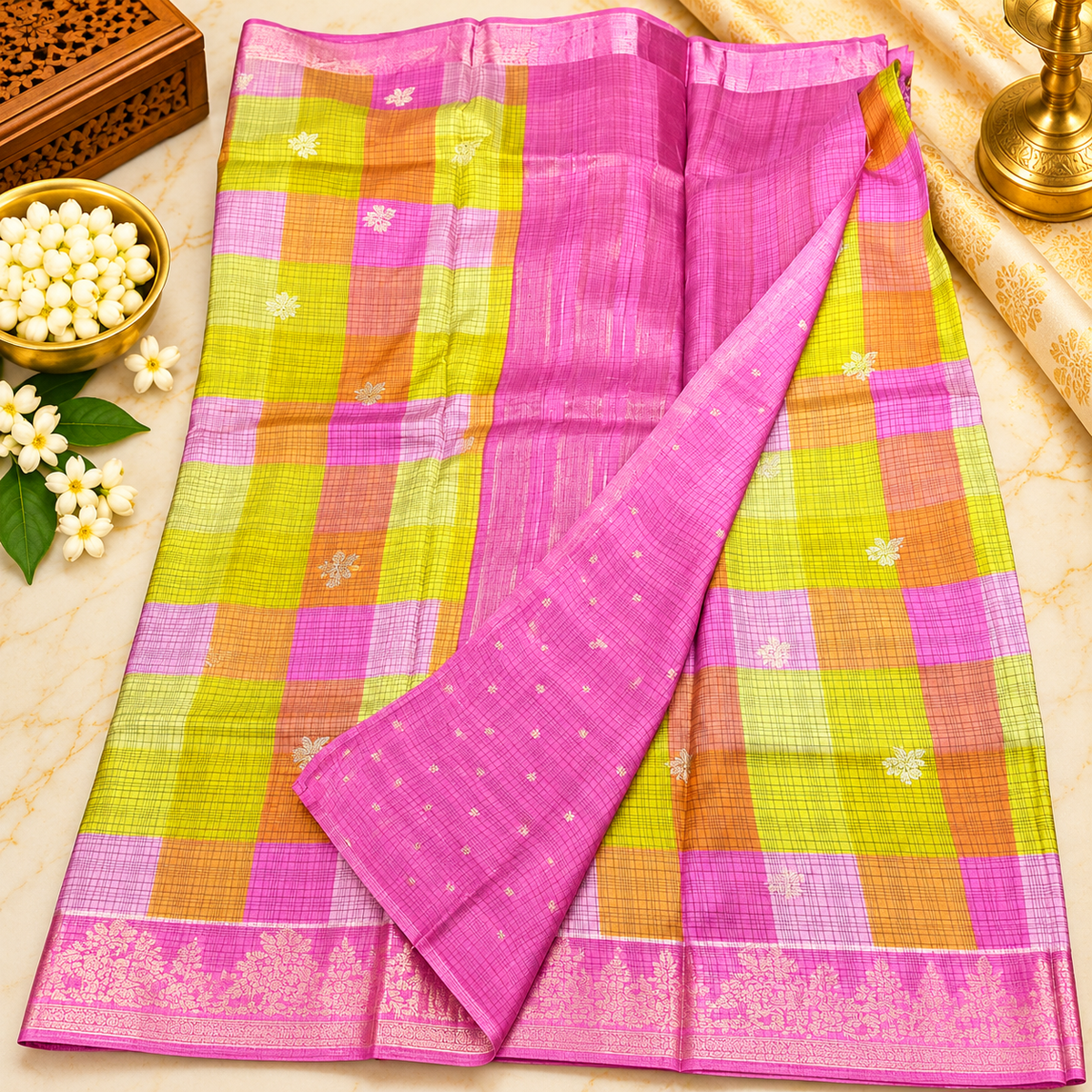 Crape silk madras checks saree - yellow