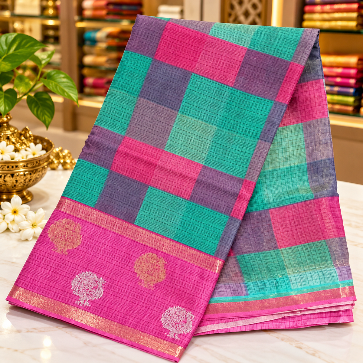 Crape silk saree with madras checks