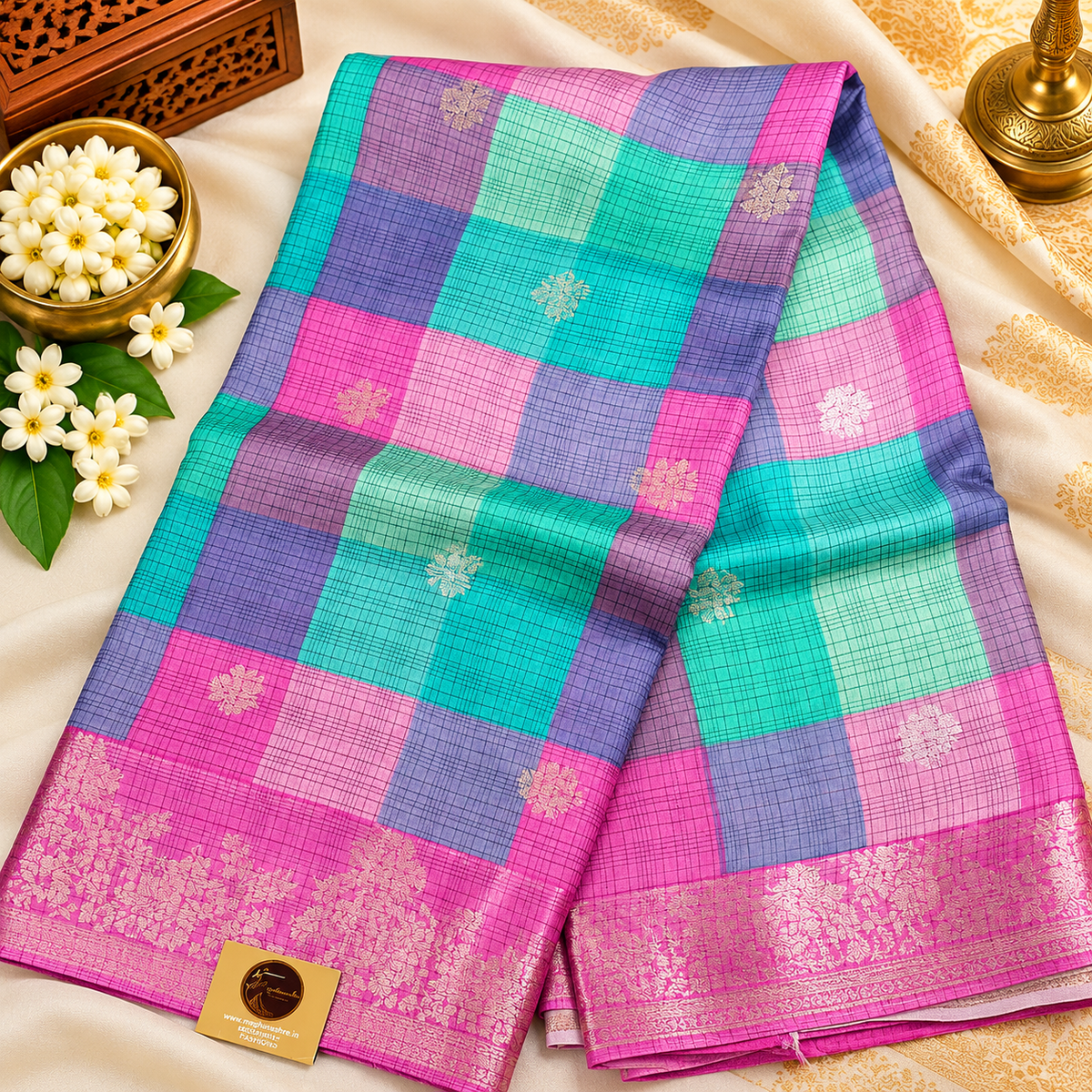Crape silk madras checks saree - sea green